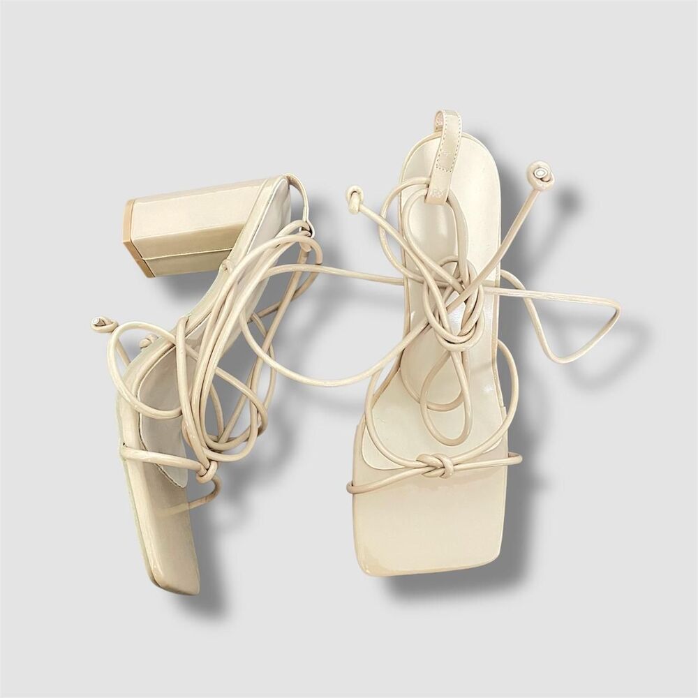 Nude Glitter Iridescent Glam Square Open Toe Block Heel Lace Up Sandals US 9.5